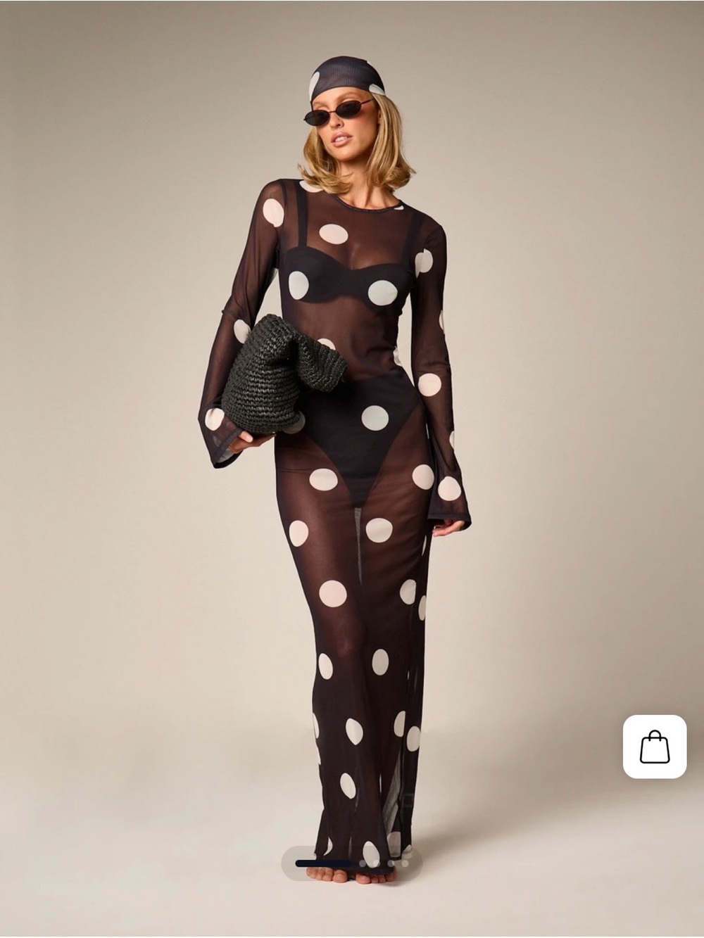 Sheer Polka Dot Mesh Maxi Beach Cover Up and Scarf